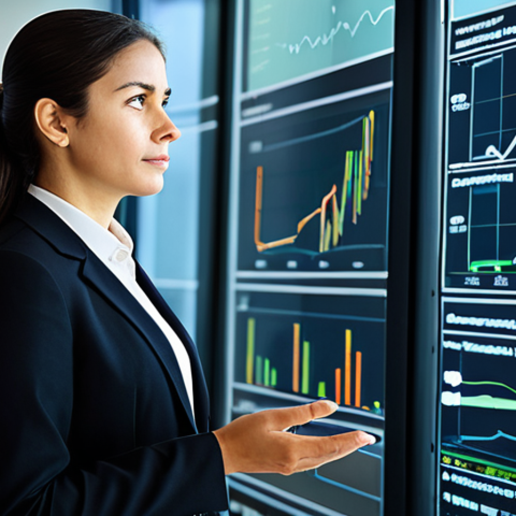 A thoughtful female professional, wearing a modest, dark business suit and appropriate attire, standing in a sleek, modern office. She is gazing with a reflective expression at a large transparent digital display that visually represents complex ESG (Environmental, Social, and Governance) data, intertwining financial graphs with ecological impact metrics and circular economy flows. The background features a blurred, well-lit contemporary office environment, suggesting strategic insights. The scene emphasizes deep thinking and the integration of diverse professional fields. The subject has perfect anatomy, correct proportions, well-formed hands, proper finger count, and natural body proportions. This is a professional photograph, high quality, safe for work, appropriate content, fully clothed, modest, family-friendly.