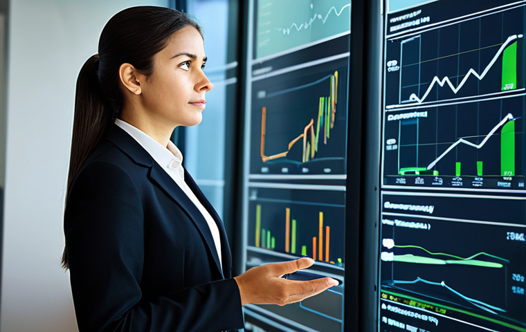 A thoughtful female professional, wearing a modest, dark business suit and appropriate attire, standing in a sleek, modern office. She is gazing with a reflective expression at a large transparent digital display that visually represents complex ESG (Environmental, Social, and Governance) data, intertwining financial graphs with ecological impact metrics and circular economy flows. The background features a blurred, well-lit contemporary office environment, suggesting strategic insights. The scene emphasizes deep thinking and the integration of diverse professional fields. The subject has perfect anatomy, correct proportions, well-formed hands, proper finger count, and natural body proportions. This is a professional photograph, high quality, safe for work, appropriate content, fully clothed, modest, family-friendly.