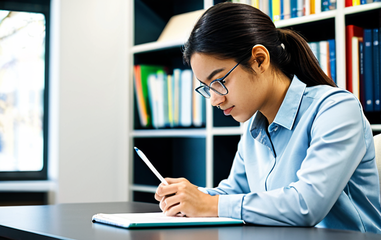 A focused environmental conservation technician student, engaged in a professional study session. They are seated at a clean, modern desk, reviewing environmental data on a tablet and making notes in a notebook. The background features a blurred, well-lit study room with bookshelves. The student is in a professional, modest long-sleeved shirt and trousers, fully clothed, appropriate attire. The overall atmosphere is calm and studious. Perfect anatomy, correct proportions, natural pose, well-formed hands, proper finger count, natural body proportions. High-quality professional photography, natural lighting, safe for work, appropriate content, family-friendly.