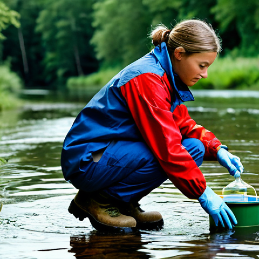 Water Quality Assessment**

A fully clothed environmental technician in appropriate field gear (waterproof jacket, sturdy boots), taking a water sample from a local French river. Background: lush greenery, clear water. Focus on the technician's professional demeanor and the scientific process. Safe for work, appropriate content, professional, perfect anatomy, natural proportions.

**