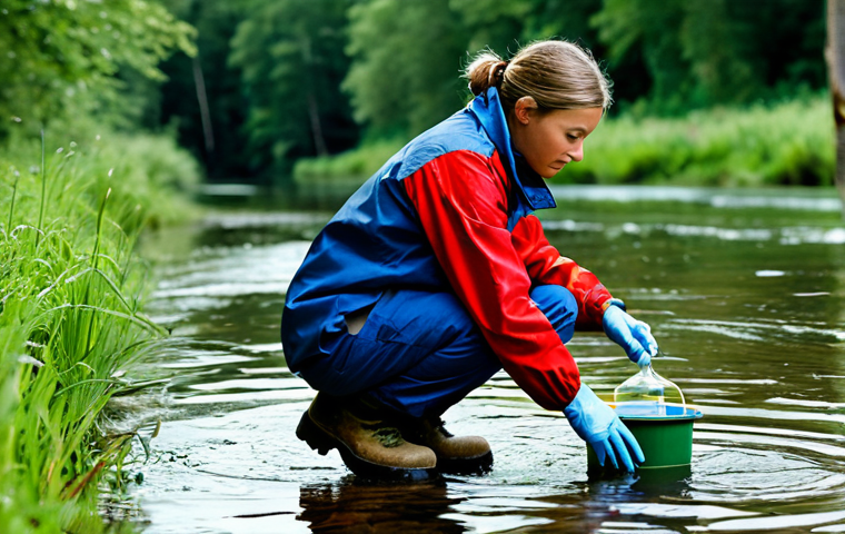 Water Quality Assessment**
A fully clothed environmental technician in appropriate field gear (waterproof jacket, sturdy boots), taking a water sample from a local French river. Background: lush greenery, clear water. Focus on the technician's professional demeanor and the scientific process. Safe for work, appropriate content, professional, perfect anatomy, natural proportions.
**
