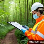 환경보전기술자 관련 법규와 제도 - A professional environmental conservation technician wearing full protective gear including gloves, ...