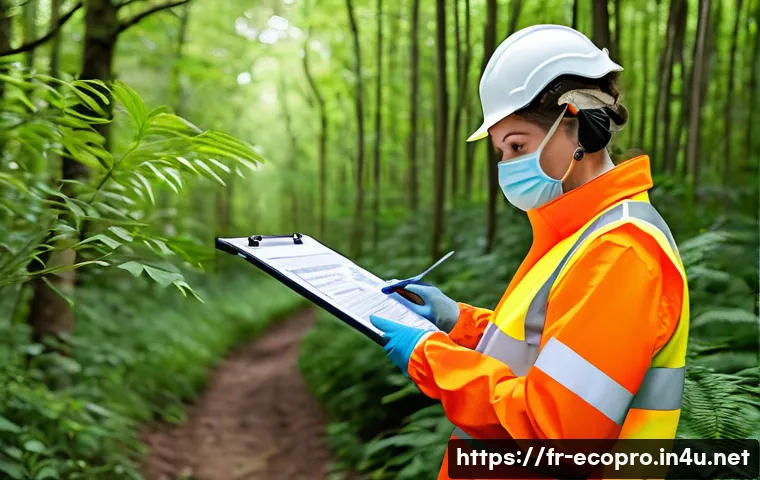 환경보전기술자 관련 법규와 제도 - A professional environmental conservation technician wearing full protective gear including gloves, ...