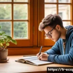 환경보전기술자 필기시험 전략 - A focused student sitting at a wooden desk in a cozy, well-lit French-style study room, wearing casu...