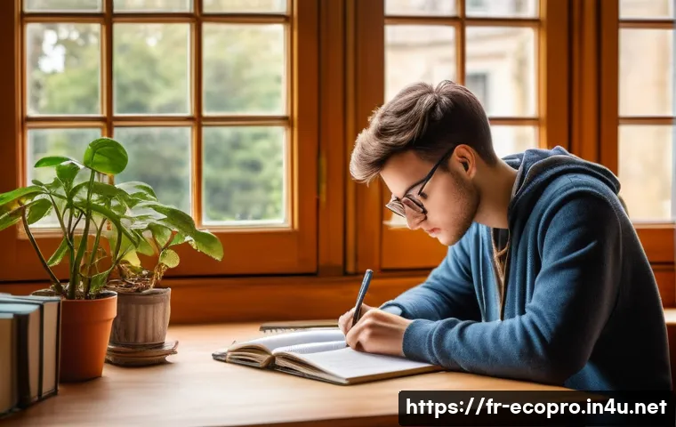 환경보전기술자 필기시험 전략 - A focused student sitting at a wooden desk in a cozy, well-lit French-style study room, wearing casu...