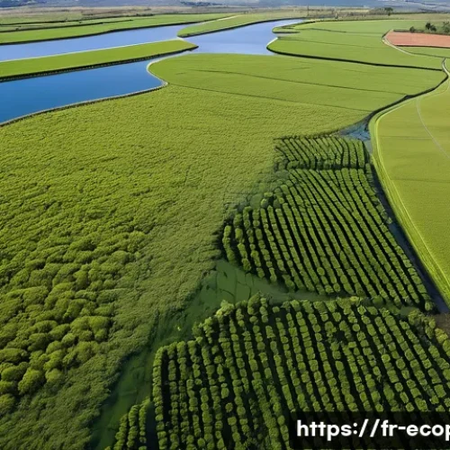 환경보전기술자 업무 사례 - A detailed aerial view of a wetland restoration project in the Auvergne region of France, showcasing...