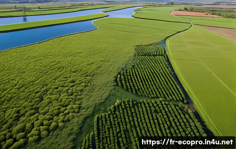 환경보전기술자 업무 사례 - A detailed aerial view of a wetland restoration project in the Auvergne region of France, showcasing...