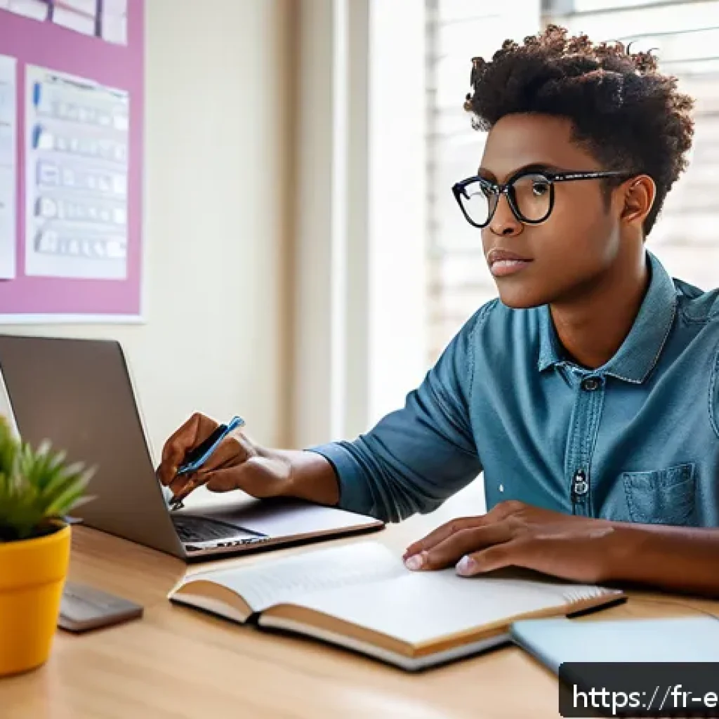 환경보전기술자 시험 준비를 위한 팁 - A focused young adult student sitting at a tidy desk in a cozy, sunlit room with a laptop, notebooks...