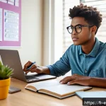 환경보전기술자 시험 준비를 위한 팁 - A focused young adult student sitting at a tidy desk in a cozy, sunlit room with a laptop, notebooks...