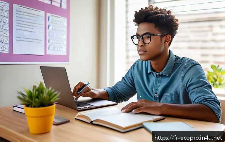 환경보전기술자 시험 준비를 위한 팁 - A focused young adult student sitting at a tidy desk in a cozy, sunlit room with a laptop, notebooks...
