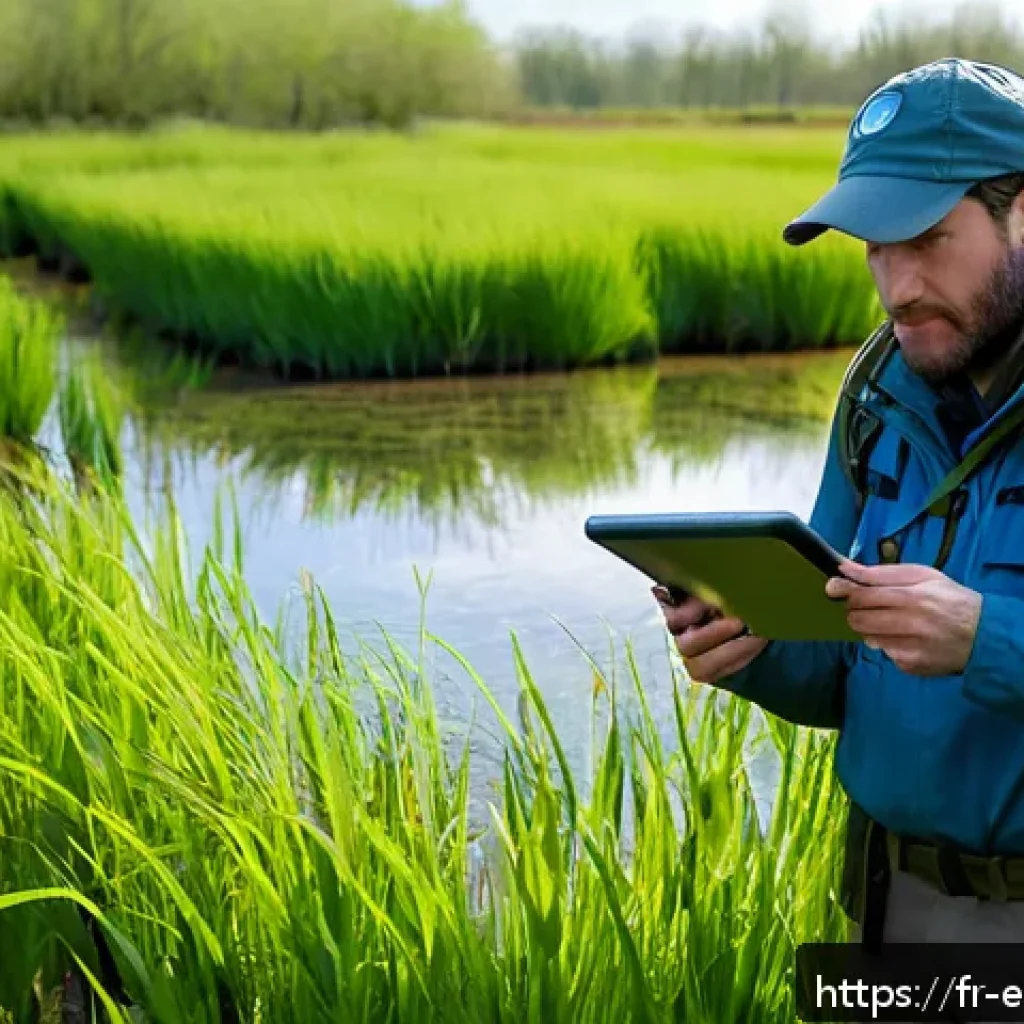 환경보전기술자 자격증 취득 혜택 - A professional environmental technician conducting a biodiversity field survey in a lush French wetl...
