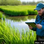 환경보전기술자 자격증 취득 혜택 - A professional environmental technician conducting a biodiversity field survey in a lush French wetl...