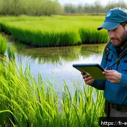 환경보전기술자 자격증 취득 혜택 - A professional environmental technician conducting a biodiversity field survey in a lush French wetl...