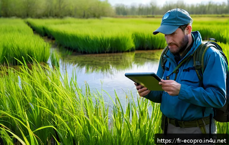 환경보전기술자 자격증 취득 혜택 - A professional environmental technician conducting a biodiversity field survey in a lush French wetl...