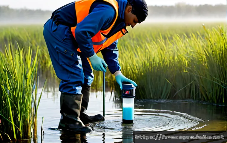환경보전기술자 직무 필수 기술 - Photorealistic environmental conservation technician in a French wetland reserve, wearing practical ...