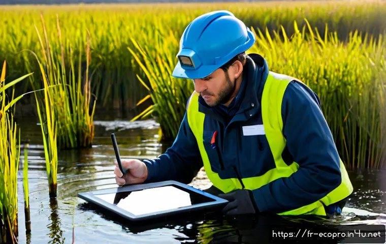 환경보전기술자 업무 향상을 위한 팁 - Photorealistic environmental conservation technician at a modern French wetland restoration site, we...