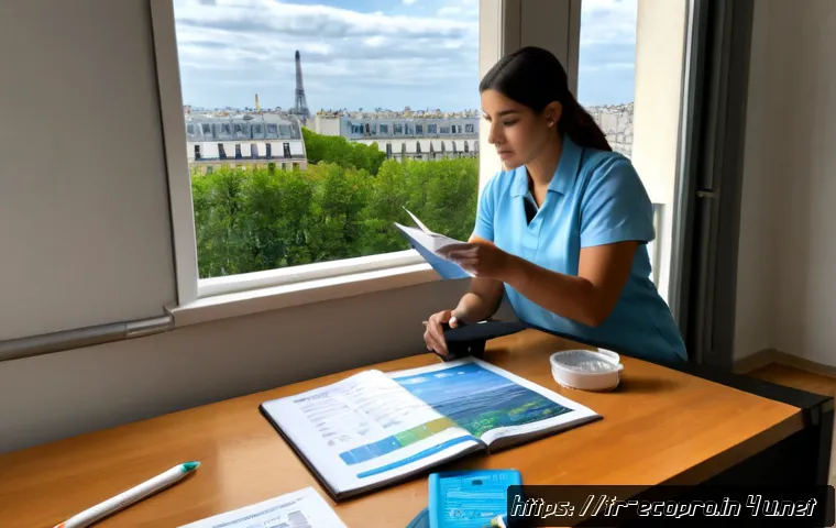 환경보전기술자 자격증 필기 과목 - Photorealistic French environmental technician exam preparation scene, focused adult learner at a cl...