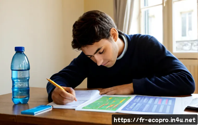 Home 17 환경보전기술자 필기시험 학습법 - Photorealistic French environmental technician exam study scene, focused adult learner seated at a c...